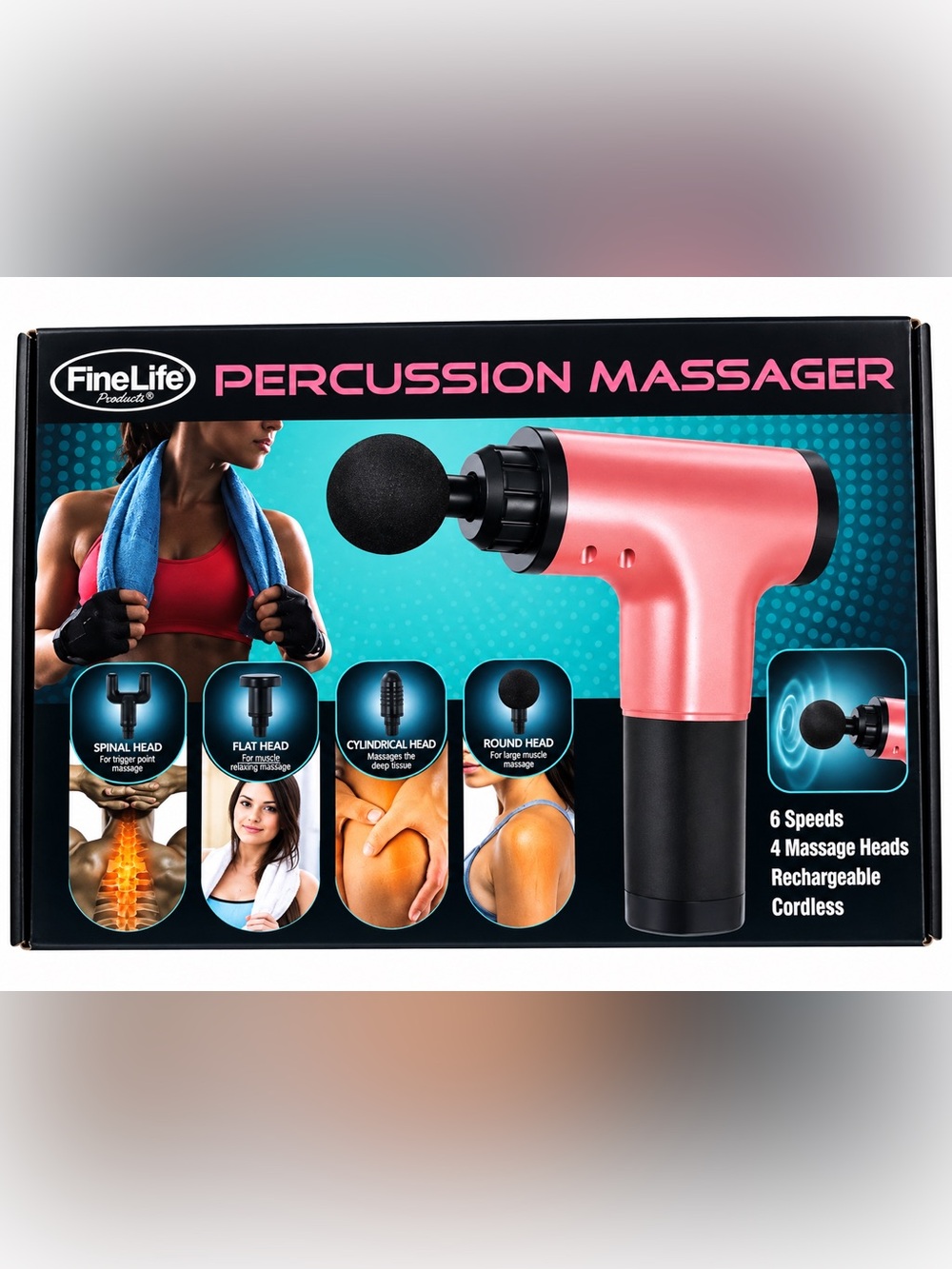 FineLife Percussion Massager Pink Rechargeable Cordless 4 Heads